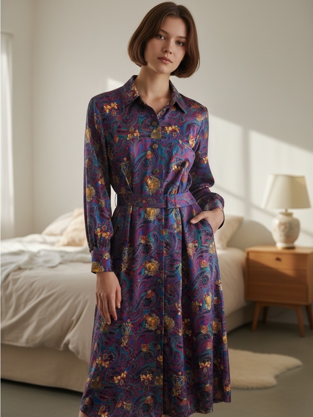 Vtg Printed Purple Paisley Midi Shirt Dress with Belt
